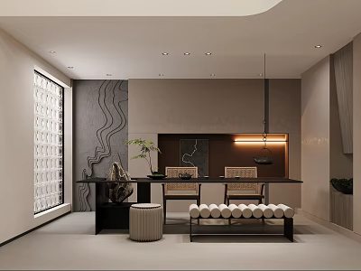 Modern Tea Room Interior With Chic Furniture Art Wall And Lighting 3d model