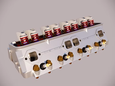 Industrial Engine Cylinder Head With Silver Body Red Springs And Gold Bolts Precision Mechanical Components 3d model