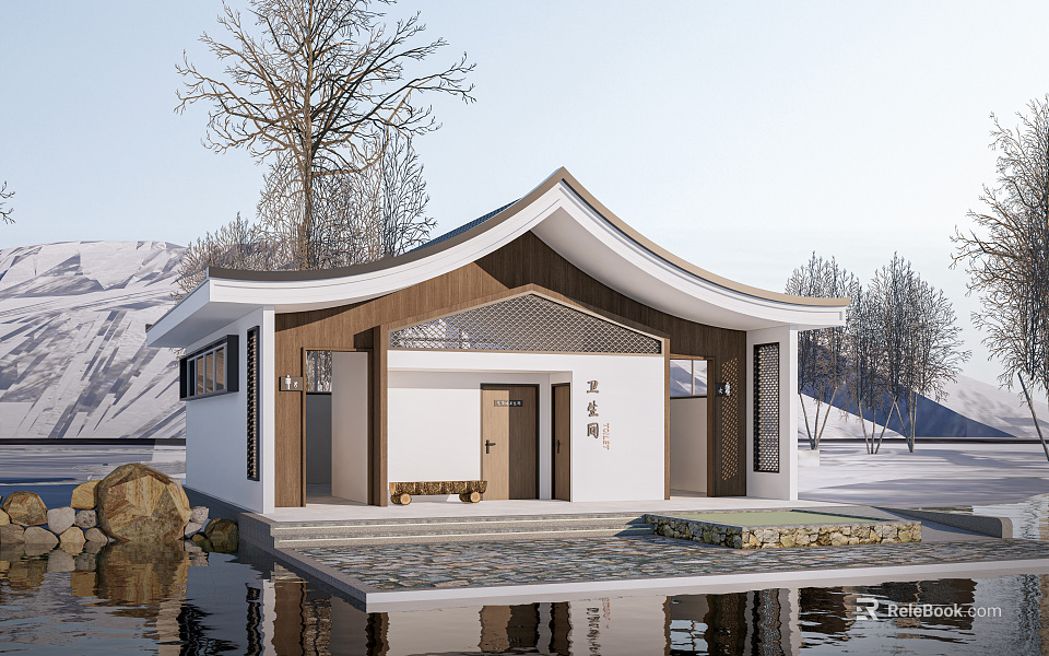 Traditional Chinese Waterside Building With Snowy Mountain Background And Trees 3d model 