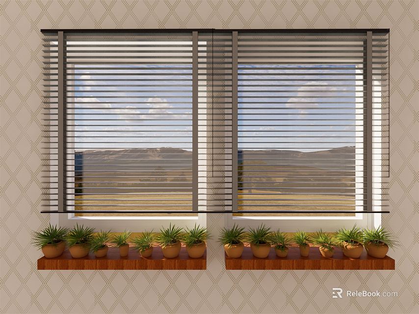 Adjusted Venetian Blinds on Windows Featuring Green Plant Planters Below and Scenic Outside View 3d model 