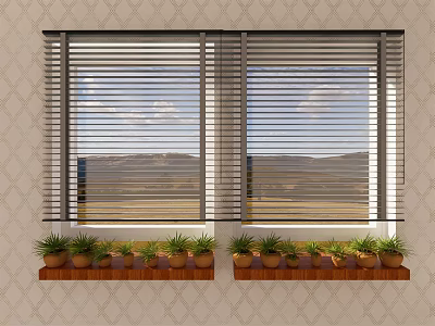 Adjusted Venetian Blinds on Windows Featuring Green Plant Planters Below and Scenic Outside View 3d model
