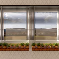 Adjusted Venetian Blinds on Windows Featuring Green Plant Planters Below and Scenic Outside View