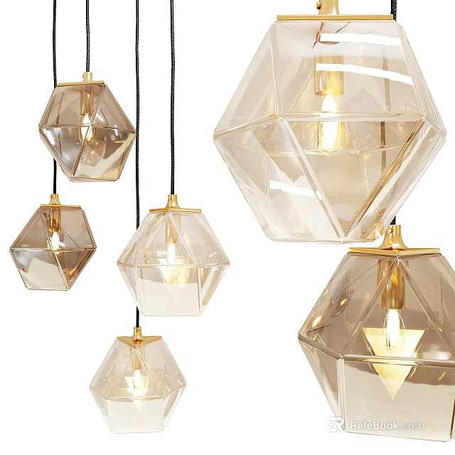 Elegant Modern Polyhedral Chandeliers With Transparent Glass And Golden Accents 3d model 