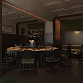 Chinese Style Private Dining Room Interior With Round Table Chairs Green Plant And Decorative Painting