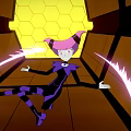 Pink Haired Cartoon Creature In Black Purple Outfit With Yellow Hexagonal Background And Purple Light