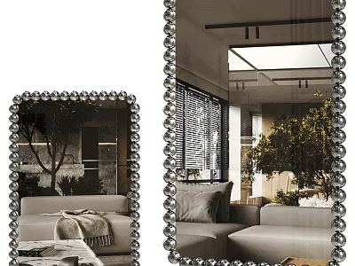 Elegant Beaded Frame Mirror Reflecting Sofa Green Plant And Window Blinds In Modern Living Room 3d model