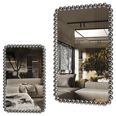 Elegant Beaded Frame Mirror Reflecting Sofa Green Plant And Window Blinds In Modern Living Room 3d model