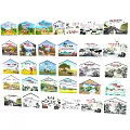 Decorative Background Wall Featuring Hexagonal Design With Various Rural Mountain Water And Pastoral Landscape Paintings