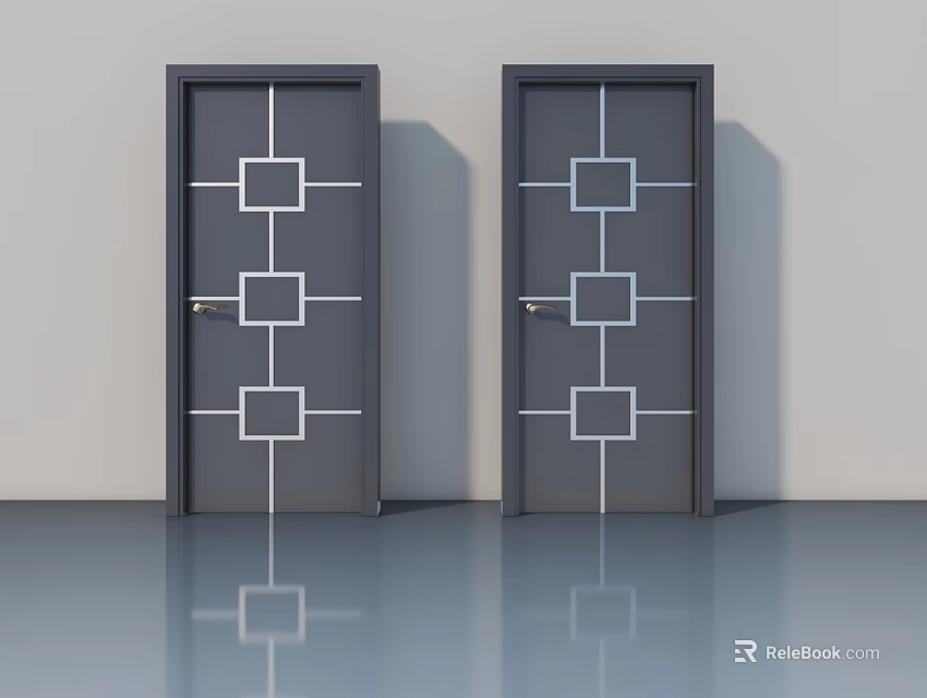 Two Gray Swing Doors With White Geometric Patterns On Light Wall Background 3d model 