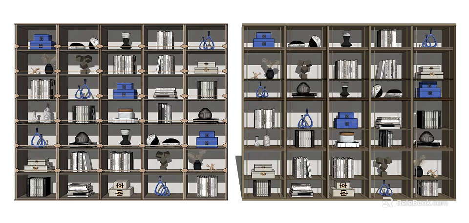 Modern Wooden Bookshelf With Organized Books Decorative Items And Storage Boxes 3d model 