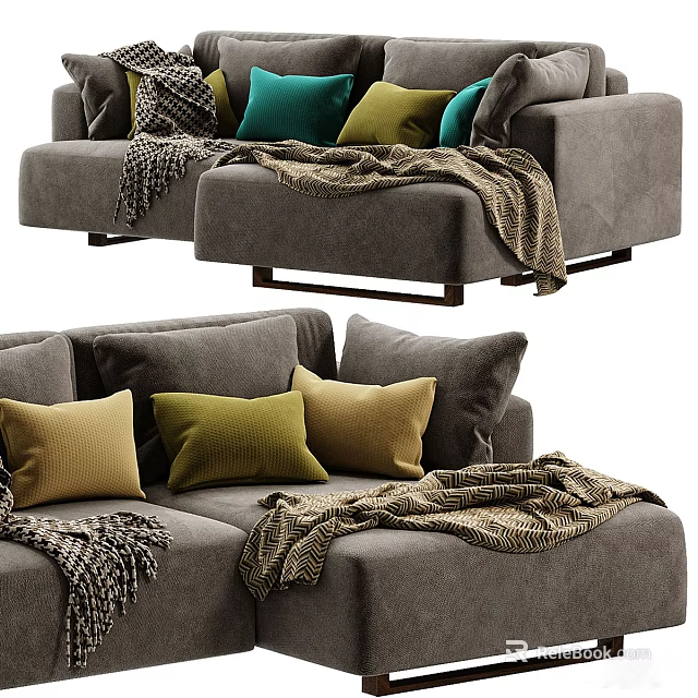 Gray Sectional Sofa with Green Yellow Pillows and Cozy Knit Blanket 3d model