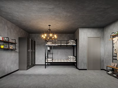 Hotel Room Interior With Gray Walls Ceiling Chandelier Bunk Bed Wardrobe Bookshelf And Gray Carpet 3d model