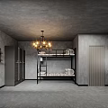 Hotel Room Interior With Gray Walls Ceiling Chandelier Bunk Bed Wardrobe Bookshelf And Gray Carpet