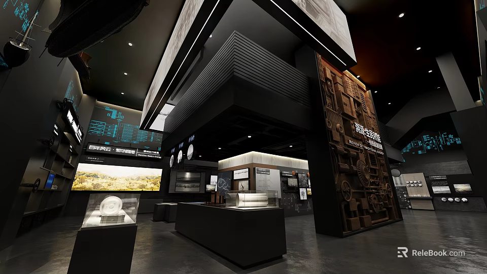 Modern Exhibition Hall Interior Featuring Historical Exhibits Wall Carvings And Display Cabinets 3d model 
