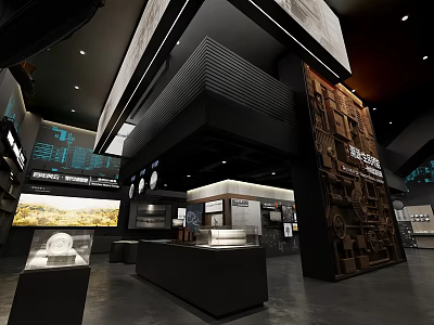 Modern Exhibition Hall Interior Featuring Historical Exhibits Wall Carvings And Display Cabinets 3d model