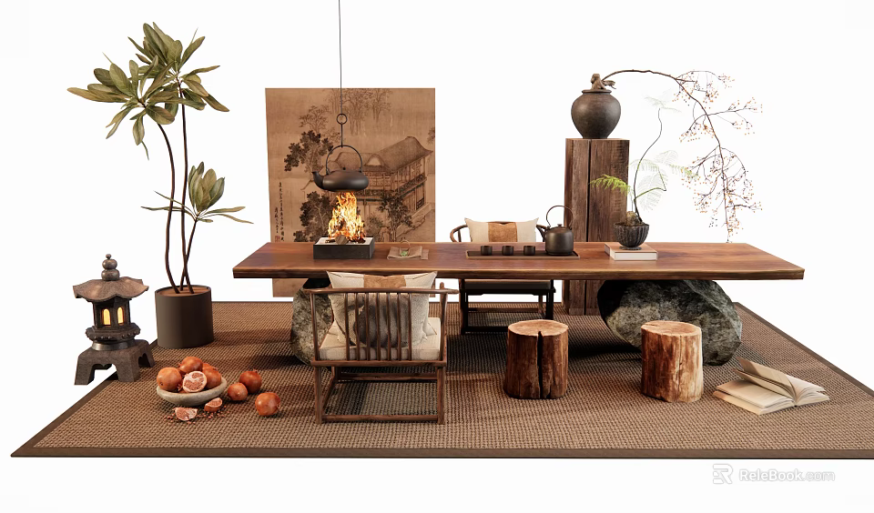 Chinese Style Wooden Tea Table and Chairs with Potted Plants Lantern Stones and Scroll Painting 3d model 