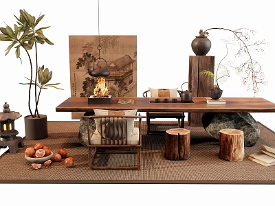 Chinese Style Wooden Tea Table and Chairs with Potted Plants Lantern Stones and Scroll Painting 3d model