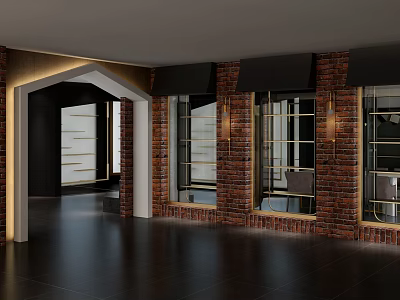 Modern Interior Corridor With Arched Doorway Brick Walls Glass Windows And Black Flooring 3d model