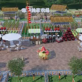 Outdoor Garden Landscape with Dining Area Watermelons Umbrellas Tables Chairs Red Lanterns and Thatched Huts