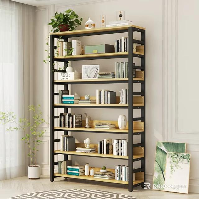 Modern Bookshelf With Wooden Shelves And Black Metal Frame Books Decorative Vases And Plants 3d model 