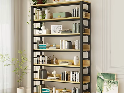 Modern Bookshelf With Wooden Shelves And Black Metal Frame Books Decorative Vases And Plants 3d model