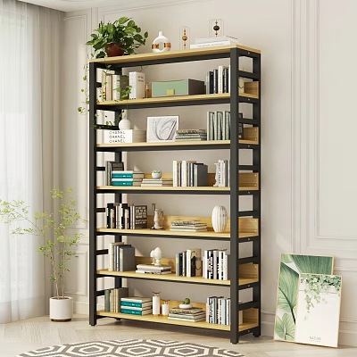 Modern Bookshelf With Wooden Shelves And Black Metal Frame Books Decorative Vases And Plants 3d model