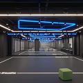 Modern Ballroom Interior With Black Floor Blue White Ceiling Light Strips Glass Partitions And Seats
