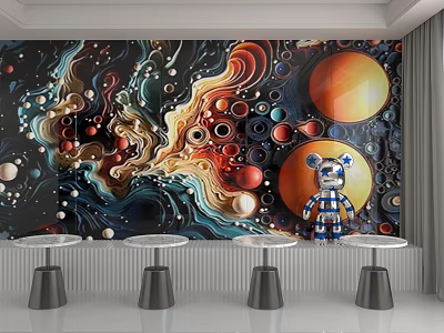 Vibrant 3D Abstract Background Wall With Cosmic Swirls Planet Motifs And Robot Decor 3d model