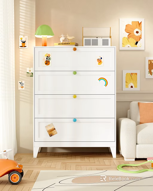 White Chest of Drawers with Colorful Knobs and Decorative Stickers in Living Room 3d model 