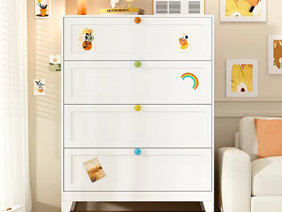 White Chest of Drawers with Colorful Knobs and Decorative Stickers in Living Room 3d model