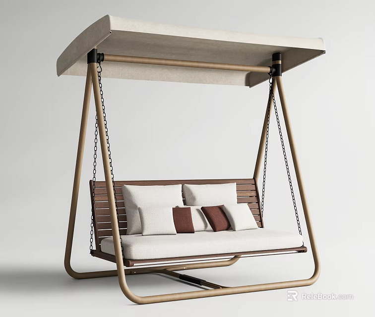 Wooden Canopy Swing Chair With Hanging Chains White Cushions And Brown Pillows 3d model 