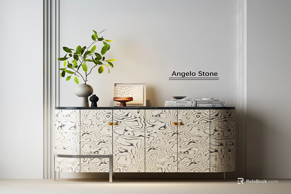 Entryway Console Cabinet With Stone Pattern Design Gold Handles And Decorative Greenery On Top 3d model 