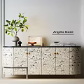 Entryway Console Cabinet With Stone Pattern Design Gold Handles And Decorative Greenery On Top