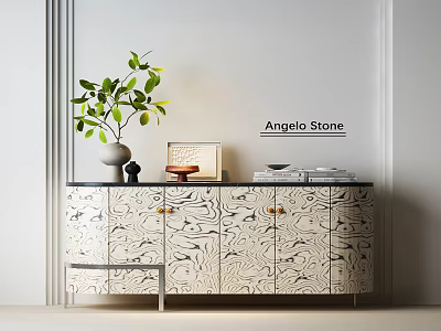 Entryway Console Cabinet With Stone Pattern Design Gold Handles And Decorative Greenery On Top 3d model