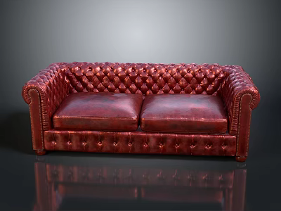 Classic Red Leather Sofa With Tufted Diamond Pattern Two Seater Design 3d model