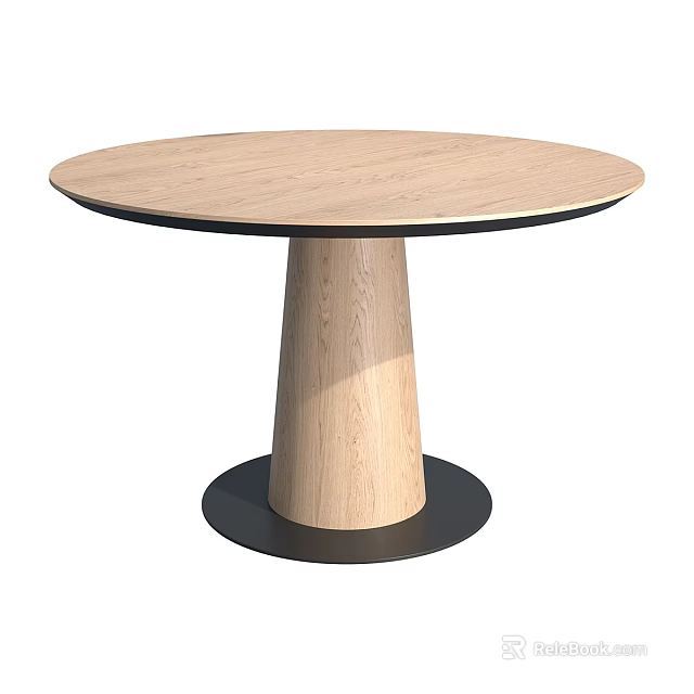 Round Light Wooden Dining Table With Conical Leg And Black Base 3d model