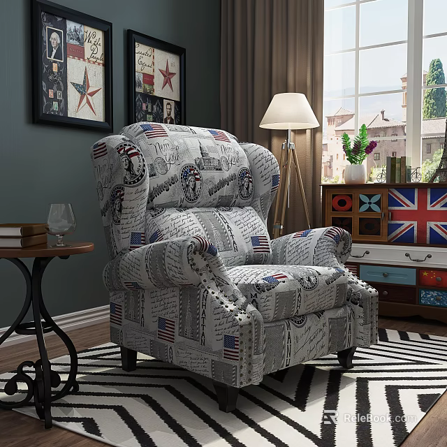 Single Sofa With Newspaper Pattern American Flag Union Jack And Floor Lamp In Living Room 3d model 