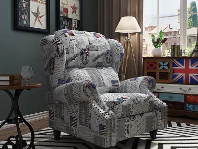 Single Sofa With Newspaper Pattern American Flag Union Jack And Floor Lamp In Living Room 3d model