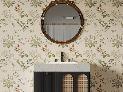 Stylish Bathroom Vanity With Round Mirror Floral Wallpaper Black Cabinet Rattan Doors And White Countertop 3d model