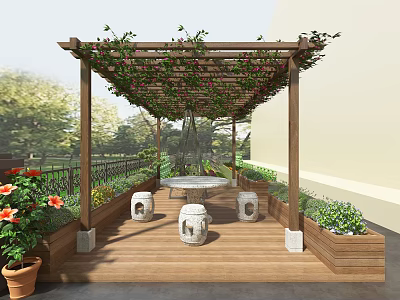 Garden Landscape Design With Wooden Pergola Climbing Vines Stone Table And Flower Beds 3d model
