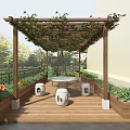 Garden Landscape Design With Wooden Pergola Climbing Vines Stone Table And Flower Beds