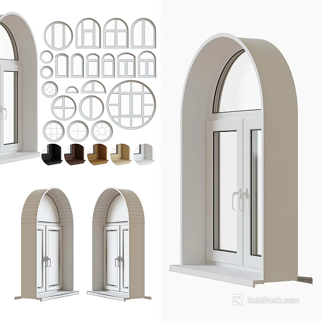 Casement Windows Featuring Arched Circular Designs And Multiple Color Frames 3d model 