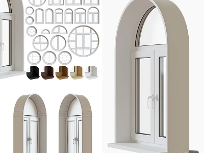 Casement Windows Featuring Arched Circular Designs And Multiple Color Frames 3d model