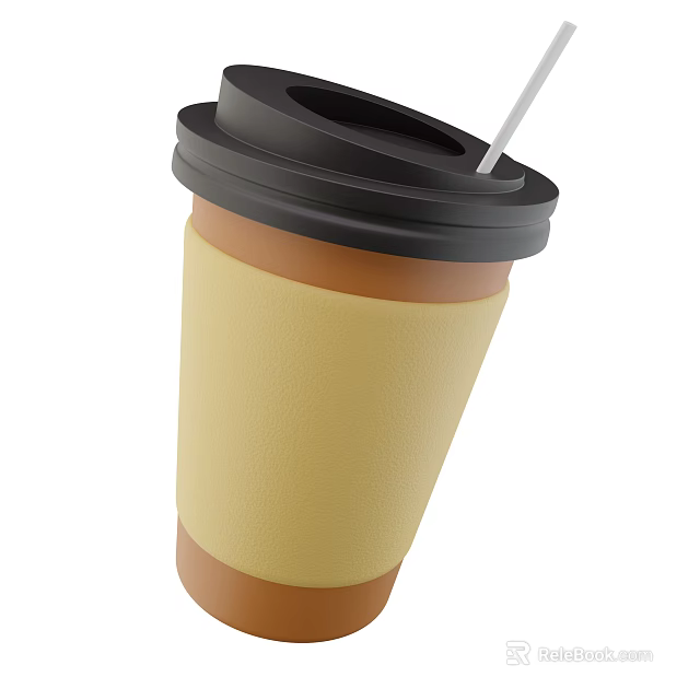 Takeaway Coffee Cup With Black Lid Yellow Sleeve And Straw 3d model 