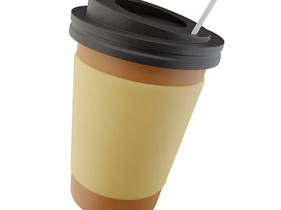 Takeaway Coffee Cup With Black Lid Yellow Sleeve And Straw 3d model