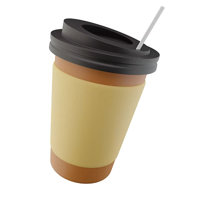 Takeaway Coffee Cup With Black Lid Yellow Sleeve And Straw 3d model