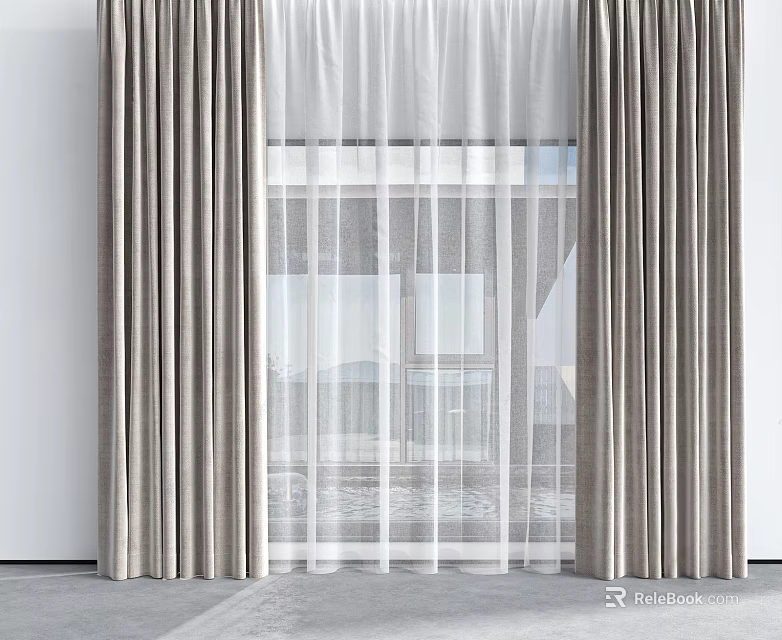 Modern Layered Curtains With Sheer Voile And Textured Panels For Window Decoration 3d model 