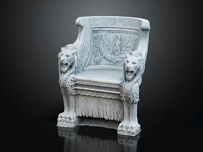 Classical Stone Chair With Lion Head Armrests Carved Backrest And Fringed Seat 3d model