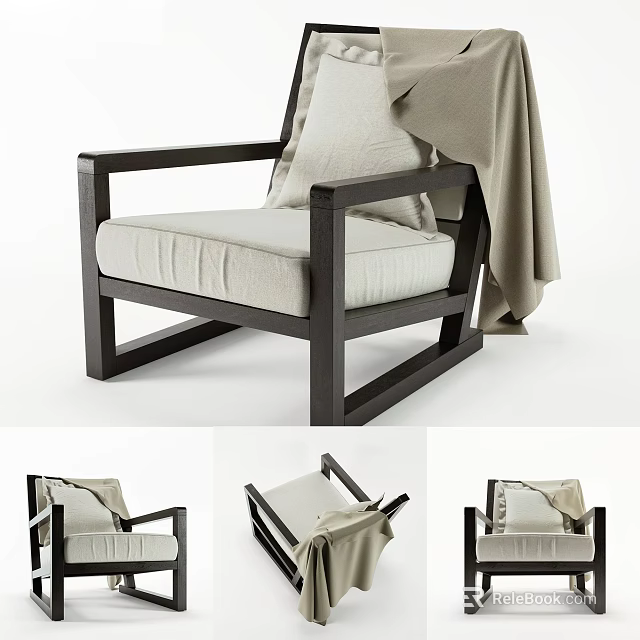 Modern Single Sofa With Black Wooden Frame Light Beige Fabric Cushion And Draped Blanket 3d model 