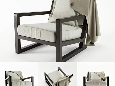 Modern Single Sofa With Black Wooden Frame Light Beige Fabric Cushion And Draped Blanket 3d model